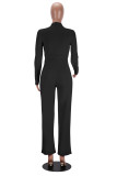 Fashionable V-neck, waist-binding, long-sleeved, pure-colored wide-leg jumpsuit
