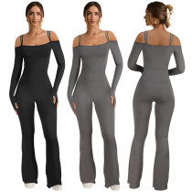 One-piece dress with a beautiful back, off-shoulder design, double shoulder straps, sexy style, long-sleeved, flared pants