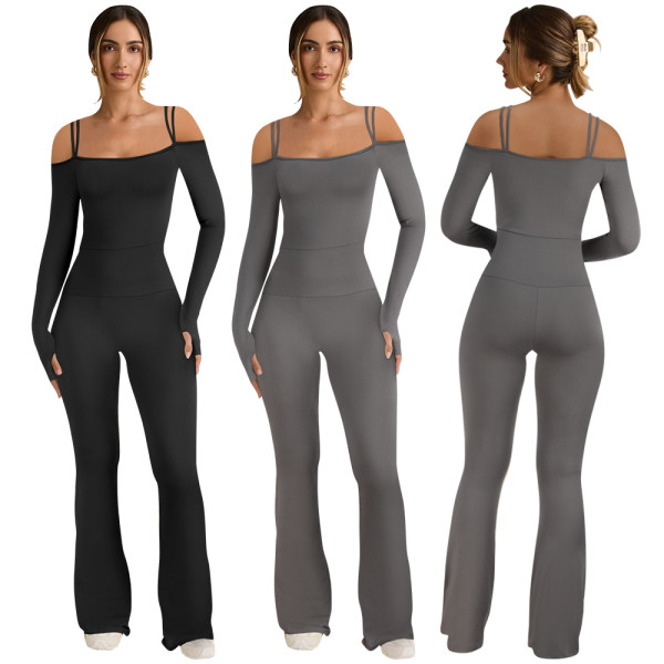 One-piece dress with a beautiful back, off-shoulder design, double shoulder straps, sexy style, long-sleeved, flared pants