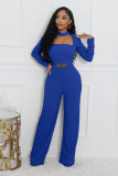 Fashionable V-neck, waist-binding, long-sleeved, pure-colored wide-leg jumpsuit
