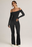 One-piece dress with a beautiful back, off-shoulder design, double shoulder straps, sexy style, long-sleeved, flared pants