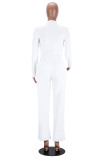 Fashionable V-neck, waist-binding, long-sleeved, pure-colored wide-leg jumpsuit