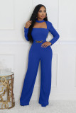 Fashionable V-neck, waist-binding, long-sleeved, pure-colored wide-leg jumpsuit