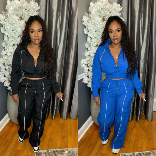 Ladies' Spring and Autumn striped long sleeved zipper women's slimming suit, fashionable casual sports suit