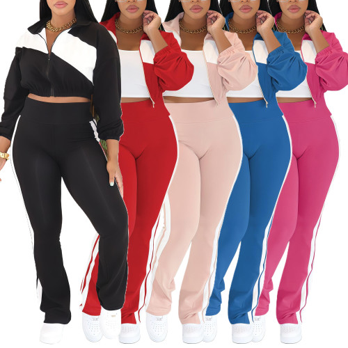 Sports and leisure splicing set long sleeved zipper jacket two-piece set