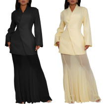 Fashionable temperament commuting solid color suit mesh skirt two-piece set for autumn and winter