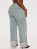 High waisted jeans with metal rivets casual pants