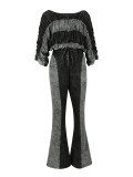 Splicing two-color slim fit elastic top, washed pants set, two-piece set made of cotton fabric