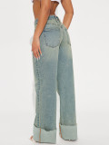 High waisted jeans with metal rivets casual pants
