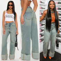 High waisted jeans with metal rivets casual pants