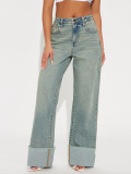 High waisted jeans with metal rivets casual pants