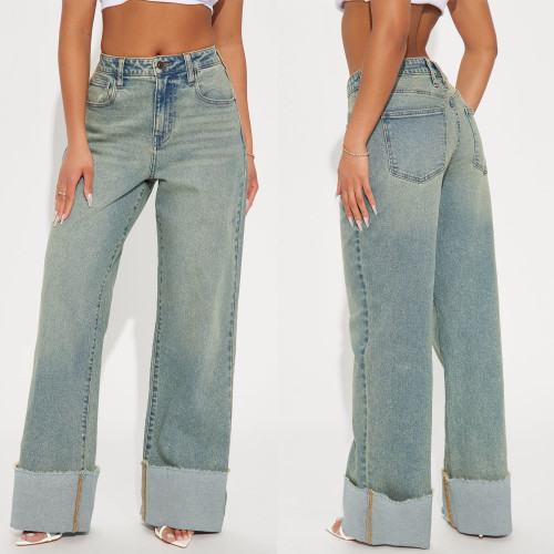 High waisted jeans with metal rivets casual pants