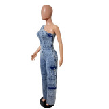 Slanted shoulder tight waist slim fit elastic washed denim jumpsuit jumpsuit wide leg pants work pants
