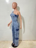 Slanted shoulder tight waist slim fit elastic washed denim jumpsuit jumpsuit wide leg pants work pants