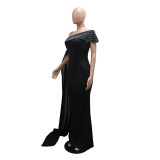 Slanted shoulder dress, sexy hip hugging, hot diamond slim fit dress, long skirt