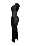 Hip hugging leather skirt, long skirt, split PU dress
