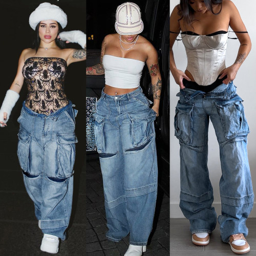 European and American style high street large pocket workwear jeans, women's retro vintage, loose and wide leg dad pants, trendy