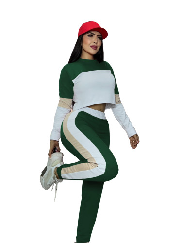 Color blocking splicing long sleeved pullover for women's sports and casual pants two-piece set