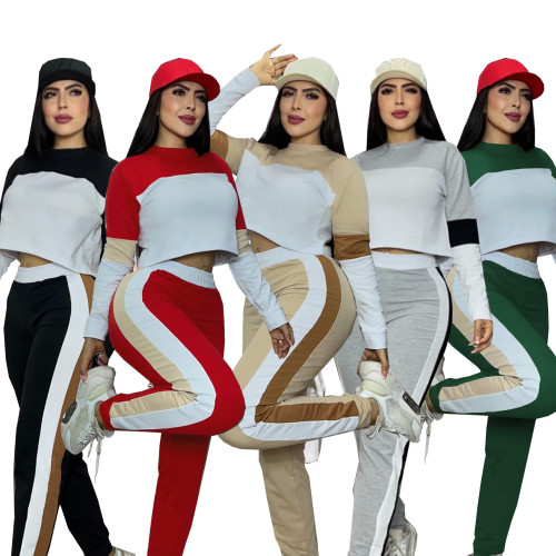 Color blocking splicing long sleeved pullover for women's sports and casual pants two-piece set