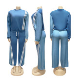 Sports style contrasting color imitation denim striped long sleeved sweatshirt drawstring pants two-piece set