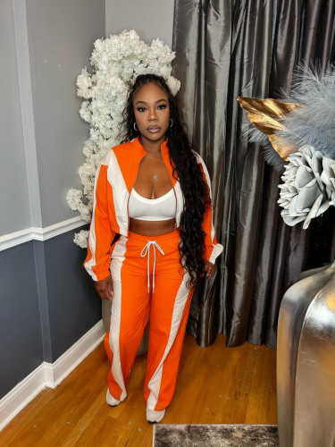 olor blocked zipper cardigan wide leg drawstring sports pants two-piece set