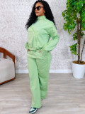 Off shoulder zipper design set, fashionable and casual long sleeved top, wide leg pants two-piece set