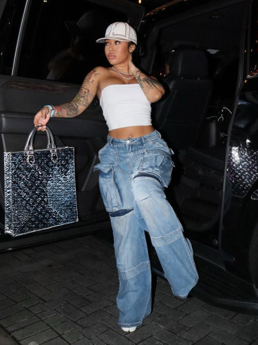 European and American style high street large pocket workwear jeans, women's retro vintage, loose and wide leg dad pants, trendy