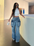 European and American style high street large pocket workwear jeans, women's retro vintage, loose and wide leg dad pants, trendy