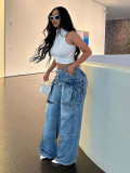 European and American style high street large pocket workwear jeans, women's retro vintage, loose and wide leg dad pants, trendy