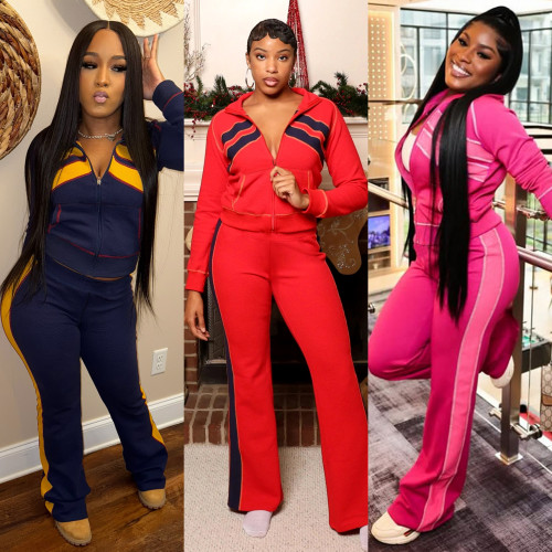 Winter contrasting line jacket casual pants two-piece set