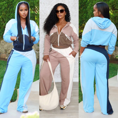 Two piece set of color blocked zipper cardigan, wide leg elastic waist sports pants