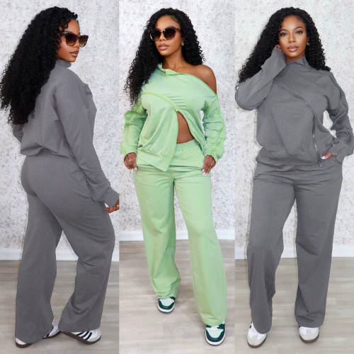 Off shoulder zipper design set, fashionable and casual long sleeved top, wide leg pants two-piece set