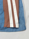 Sports style contrasting color imitation denim striped long sleeved sweatshirt drawstring pants two-piece set