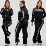 Casual Embossed Print Lapel Zipper Wide-leg Two-piece Pant Set