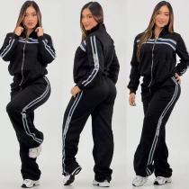 Casual Embossed Print Lapel Zipper Wide-leg Two-piece Pant Set