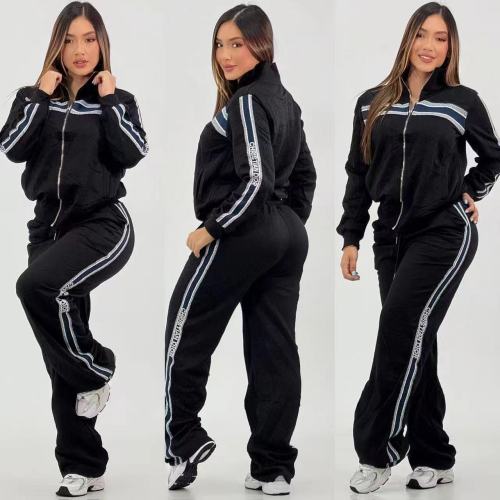 Casual Embossed Print Lapel Zipper Wide-leg Two-piece Pant Set