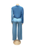 Sports style contrasting color imitation denim striped long sleeved sweatshirt drawstring pants two-piece set