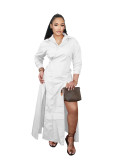 Retro, elegant, fashionable, waist cinching, large swing, slit shirt dress