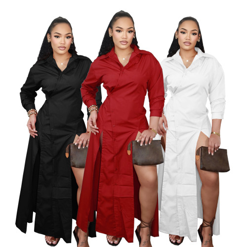 Retro, elegant, fashionable, waist cinching, large swing, slit shirt dress