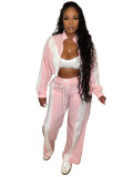 Women's two-piece set of color blocked zipper cardigan, wide leg drawstring sports pants