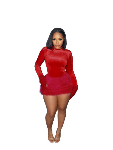 Skirt set for autumn and winter, tight fitting jumpsuit, sexy plush short skirt