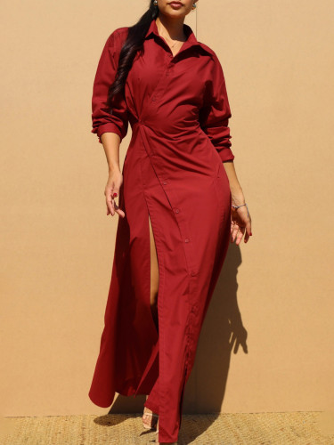 Retro, elegant, fashionable, waist cinching, large swing, slit shirt dress