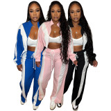 Women's two-piece set of color blocked zipper cardigan, wide leg drawstring sports pants