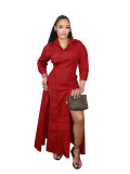 Retro, elegant, fashionable, waist cinching, large swing, slit shirt dress