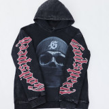 Edgy hoodie with a masked skull graphic and  Godspeed  sleeves. Back features  E Pluribus Unum  in bold lettering. Available in black and blue with vintage wash. Perfect for streetwear fans who love rebellious style.