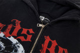 Stylish zip-up hoodie with bold  Godspeed  print and skull graphic. Available in black and cream. Minimalist back design for a clean, edgy look. Perfect for streetwear lovers