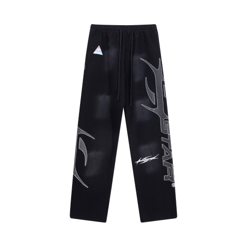 Hot and trendy Hellstar new design with distressed print logo, washed black spray horse chestnut straight leg pants, sanitary pants, and trendy casual pants 360g pure cotton looped fabric