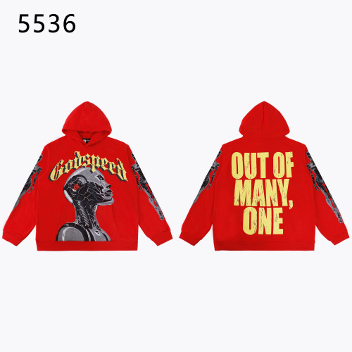 Bold hoodie featuring a futuristic robot head and  Godspeed  print. Back displays  OUT OF MANY, ONE  in distressed yellow text. Available in black and red with vintage wash. Perfect for edgy streetwear lovers.