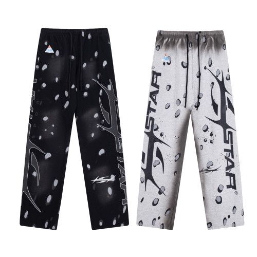 Hot and trendy Hellstar new design with starry spots, vintage printed logo, washed grey spray horse chestnut straight leg pants, sanitary pants, and trendy casual pants 360g pure cotton looped fabric