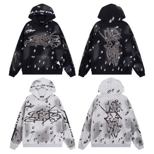 Hot Trendy Hellstar New Design Starry Spot Vintage Printed Logo Washed Black Spray Horse Willow Vintage Hoodie Trendy Hoodie Hoodie Hoodie 360g pure cotton looped fabric